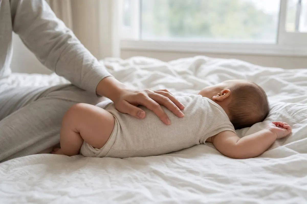 Bebé tumbado con ropa de algodón ligera en una habitación templada, un ejemplo de cómo evitar que mi bebé sude mucho