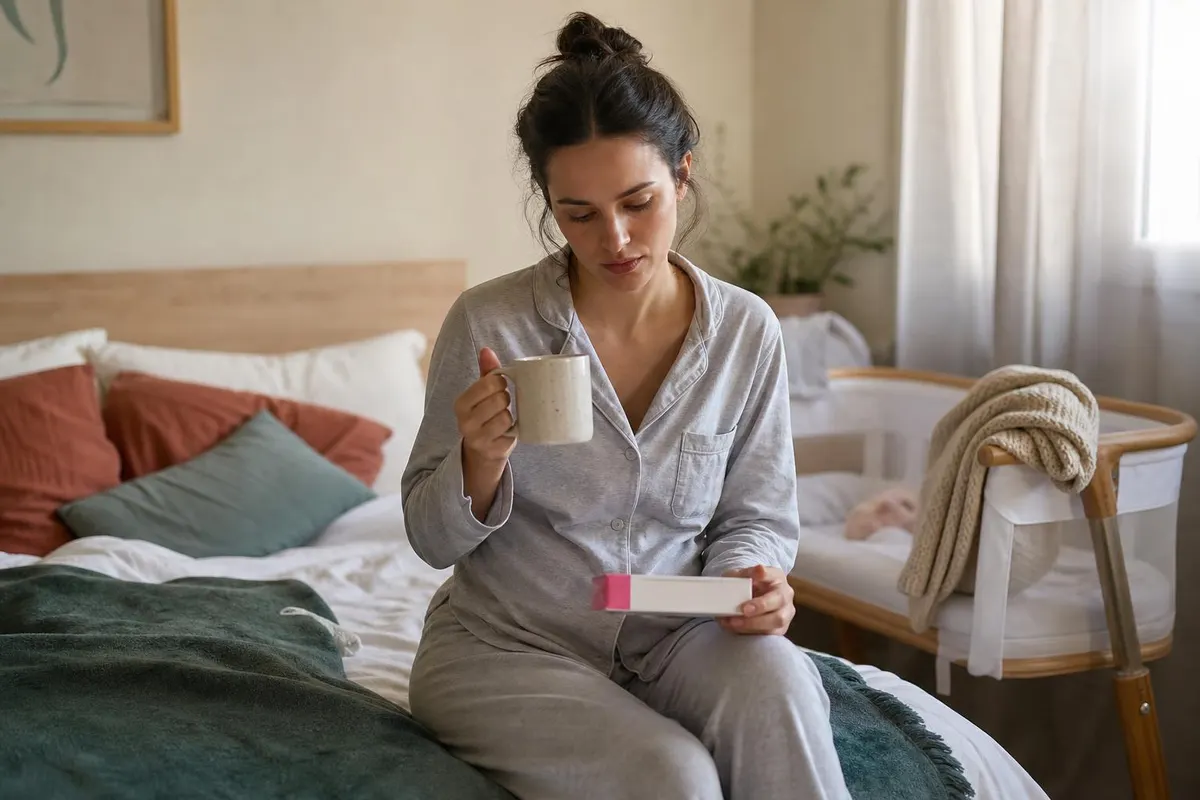 Mujer pensativa sentada en su cama a primera hora de la mañana con un test, atenta a los síntomas de embarazo antes de la falta